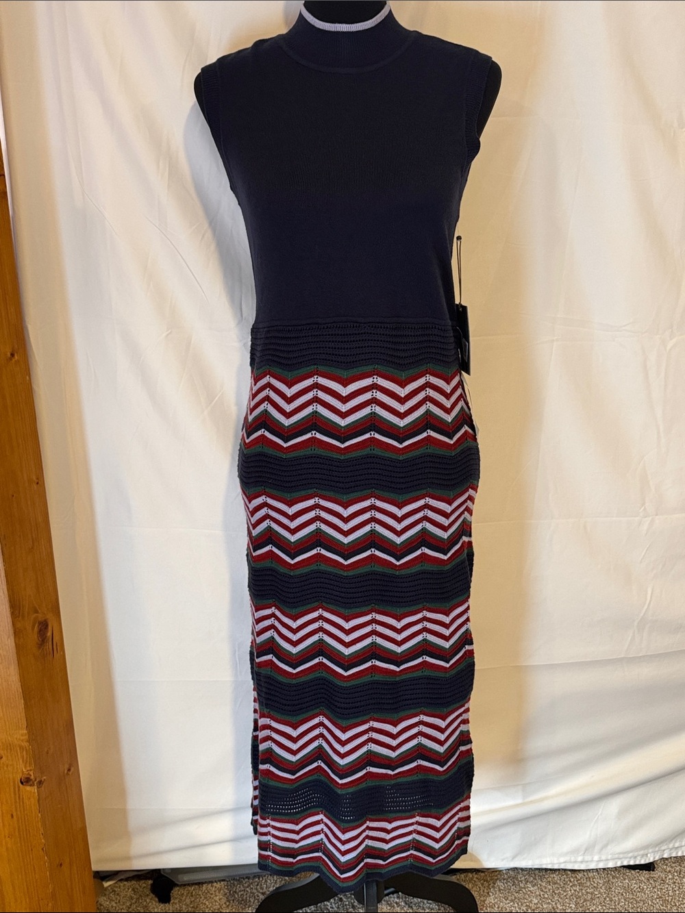 Vince Camuto Navy Sleeveless Midi Dress with Chevron Stripe